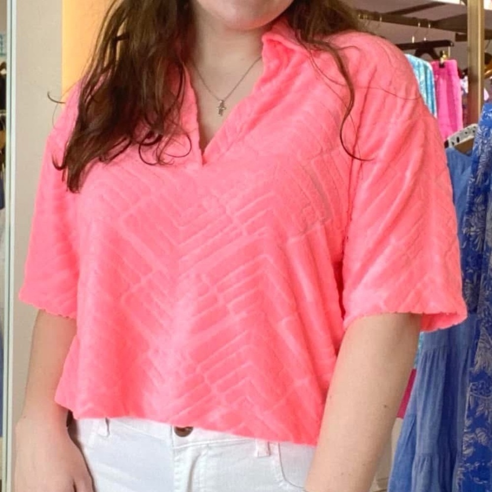 Lilly Pulitzer NWT Belleview Short Sleeve Terry Top Sunrise Coral Size Medium